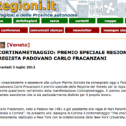 Regioni.it “Cortinametraggio: premio speciale Regione Veneto al regista padovano Carlo Fracanzani”